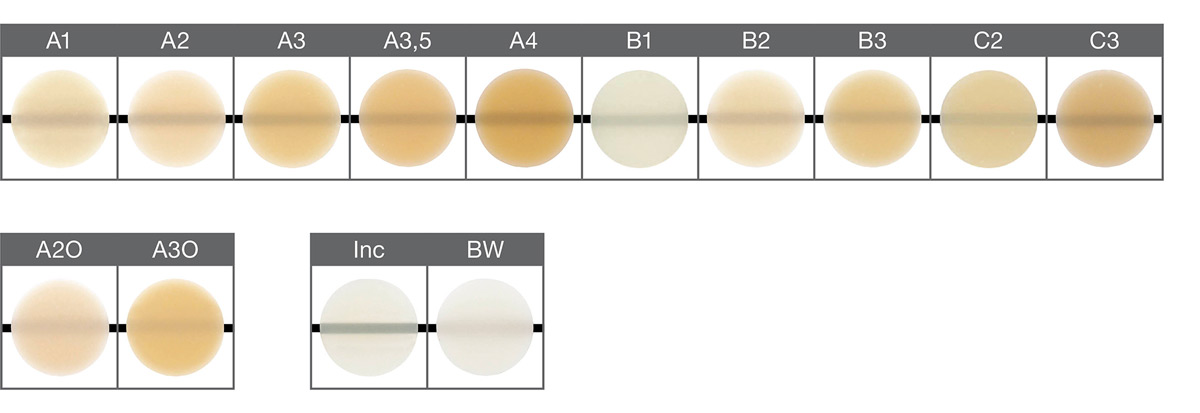 Die Farben A1-C3 entsprechen dem VITA Classical Farbsystem. VITA ist ein eingetragenes Warenzeichen der VITA Zahnfabrik H. Rauter GmbH & Co. KG, Bad Säckingen